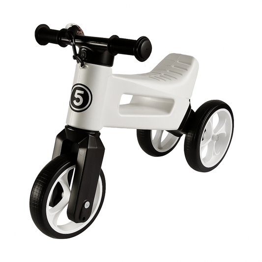 Bicicleta fara pedale cu cosulet pentru ghidon, 2 in 1, 18+ luni, pneuri si manere de cauciuc, 4 nivele de reglaj pe inaltime, Funny Wheels Rider SuperSport White Limited/Black