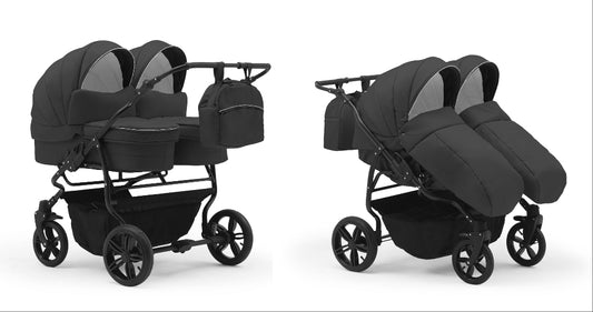 Carucior pentru gemeni Nativo Gemini 3 in 1 Grafit/Negru (13b), latime 87 cm, reversibil, roti gonflabile