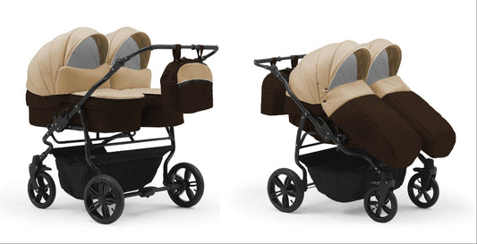 Carucior pentru gemeni Nativo Gemini 3 in 1 Maro-Bej/Negru (05b), latime 87 cm, reversibil, roti gonflabile