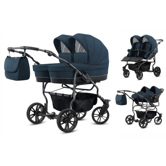 Carucior pentru gemeni 3 in 1 Mikado Goldstar GS-13 Navy/Cadru negru/Roti negru carucior-gemeni