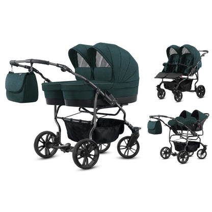 Carucior pentru gemeni 3 in 1 Mikado Goldstar GS-17 Kaki/Cadru negru/Roti negru - www.puimic.ro