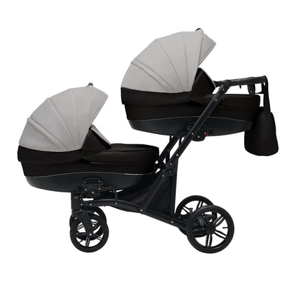 Cărucior gemeni tandem 3 în 1 Nativo Via Negru-Gri deschis/Cadru negru (07), latime 63 cm