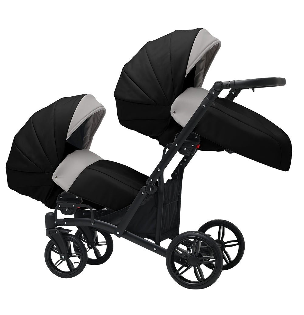 Cărucior gemeni tandem 3 în 1 Nativo Via Negru-Gri deschis/Cadru negru (07), latime 63 cm