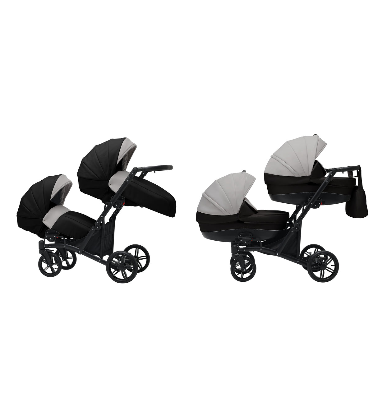 Cărucior gemeni tandem 3 în 1 Nativo Via Negru-Gri deschis/Cadru negru (07), latime 63 cm