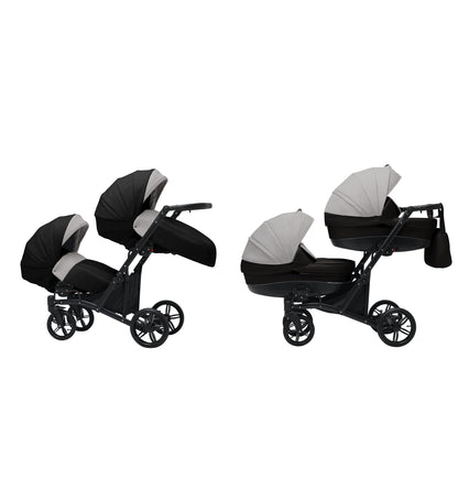 Cărucior gemeni tandem 3 în 1 Nativo Via Negru-Gri deschis/Cadru negru (07), latime 63 cm