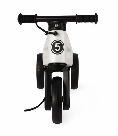 Bicicleta fara pedale cu cosulet pentru ghidon, 2 in 1, 18+ luni, pneuri si manere de cauciuc, 4 nivele de reglaj pe inaltime, Funny Wheels Rider SuperSport White Limited/Black