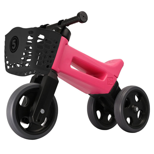 Bicicleta fara pedale Funny Wheels Rider Sport Pink/Black, cu cosulet pentru ghidon, 2 in 1, 18+ luni, pneuri de cauciuc, 4 nivele de reglaj pe inaltime