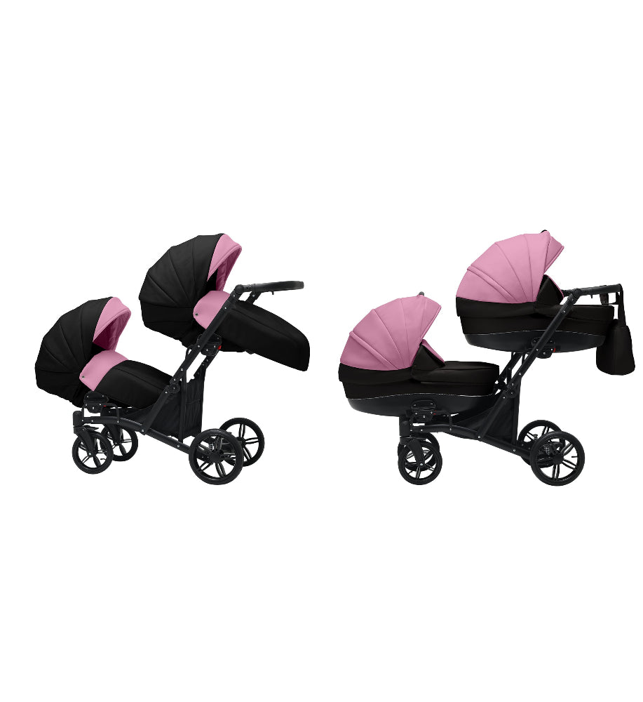 Cărucior gemeni tandem 3 în 1 Nativo Via Negru-Roz/Cadru negru (09), latime 63 cm