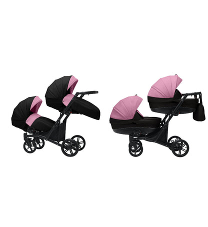 Cărucior gemeni tandem 3 în 1 Nativo Via Negru-Roz/Cadru negru (09), latime 63 cm