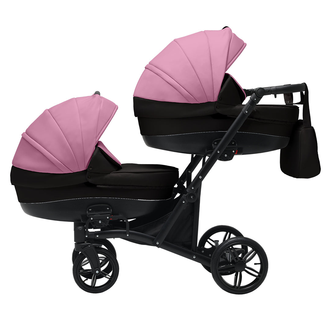 Cărucior gemeni tandem 3 în 1 Nativo Via Negru-Roz/Cadru negru (09), latime 63 cm