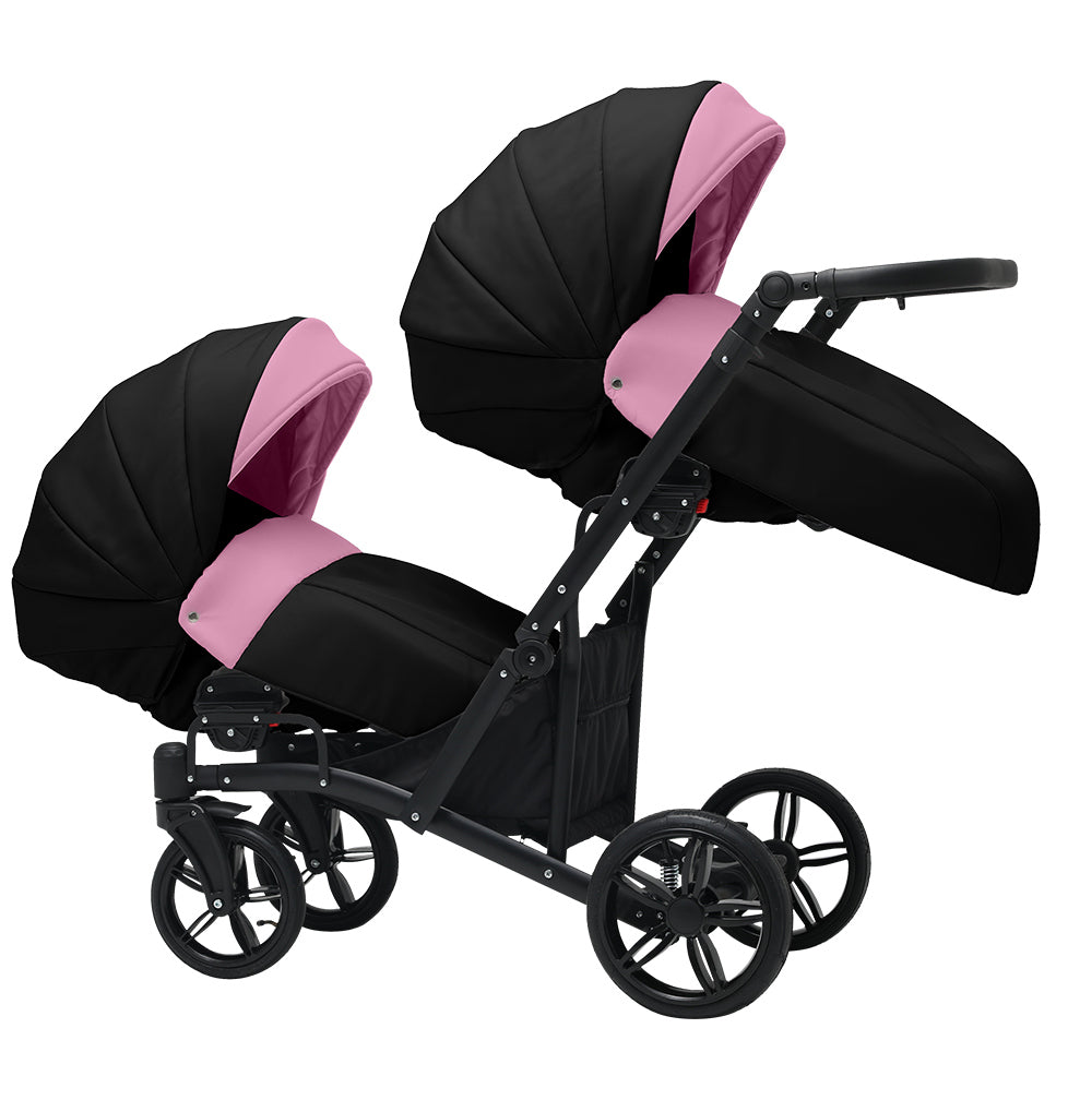 Cărucior gemeni tandem 3 în 1 Nativo Via Negru-Roz/Cadru negru (09), latime 63 cm