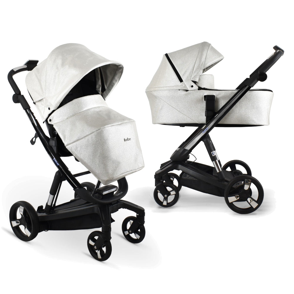 Carucior electric 2 in 1 Ibebe iSTOP & DRiVE FOLLOW ME Piele Ecologica Silver Shine, cu leganare automata, max. 22 Kg