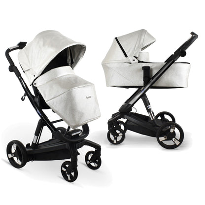 Carucior electric 2 in 1 Ibebe iSTOP & DRiVE FOLLOW ME Piele Ecologica Silver Shine, cu leganare automata, max. 22 Kg
