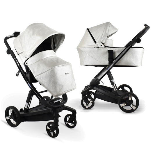 Carucior electric 2 in 1 Ibebe iSTOP & DRiVE FOLLOW ME Piele Ecologica Silver Shine, cu leganare automata, max. 22 Kg