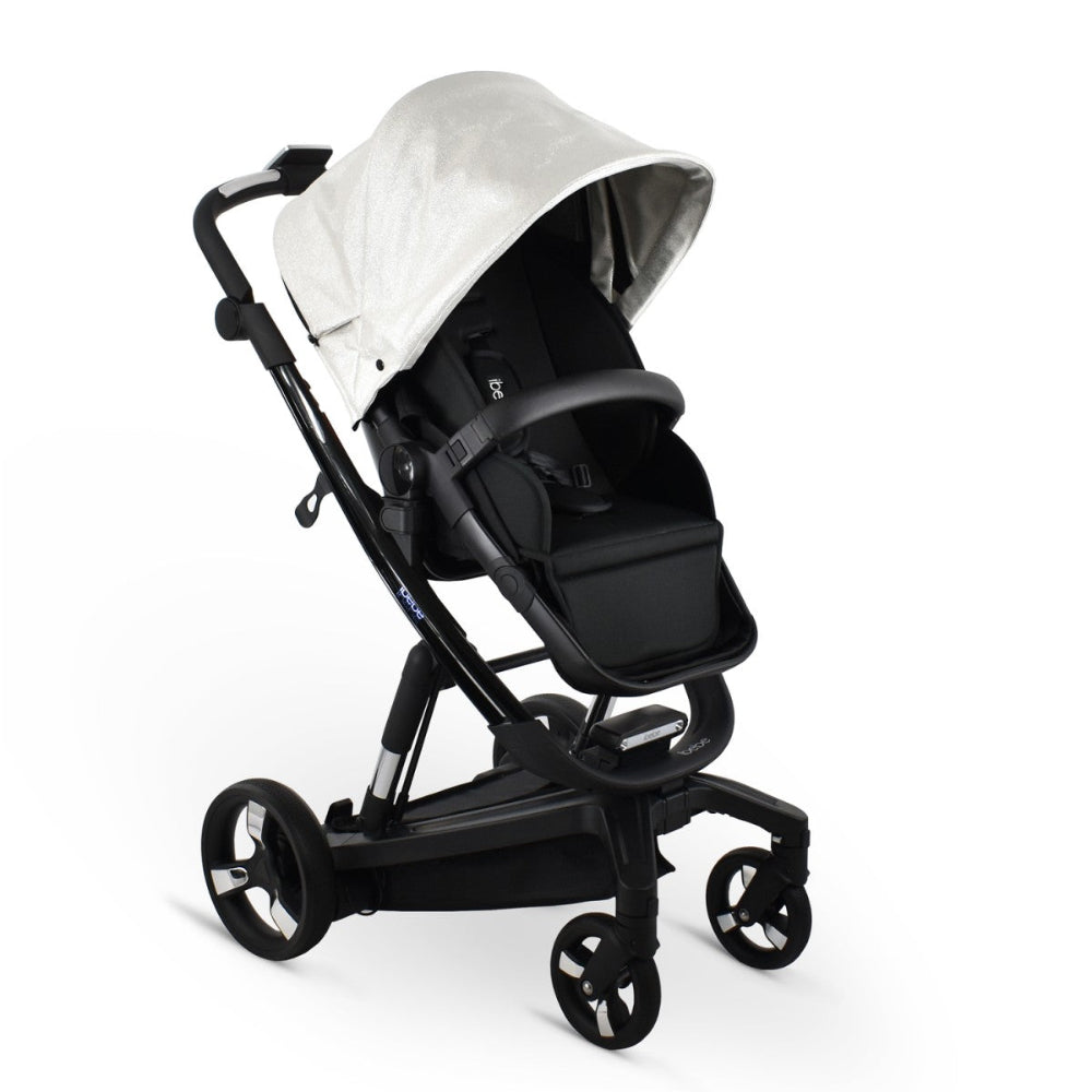 Carucior electric 2 in 1 Ibebe iSTOP & DRiVE FOLLOW ME Piele Ecologica Silver Shine, cu leganare automata, max. 22 Kg