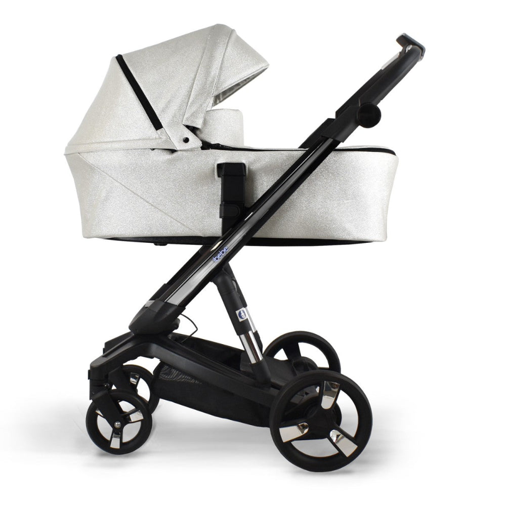 Carucior electric 2 in 1 Ibebe iSTOP & DRiVE FOLLOW ME Piele Ecologica Silver Shine, cu leganare automata, max. 22 Kg