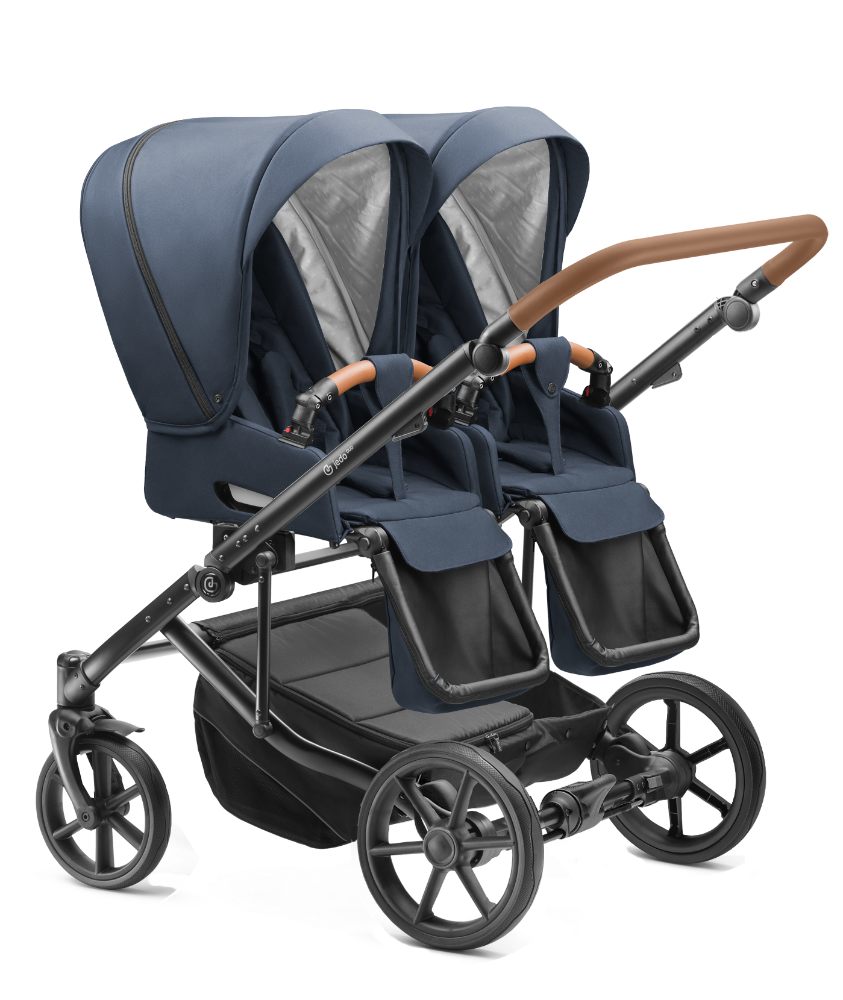 Carucior pentru gemeni 2 in 1 Jedo Duo Bluemarine, side-by-side, reversibil, cadru de aluminiu, latime 80 cm