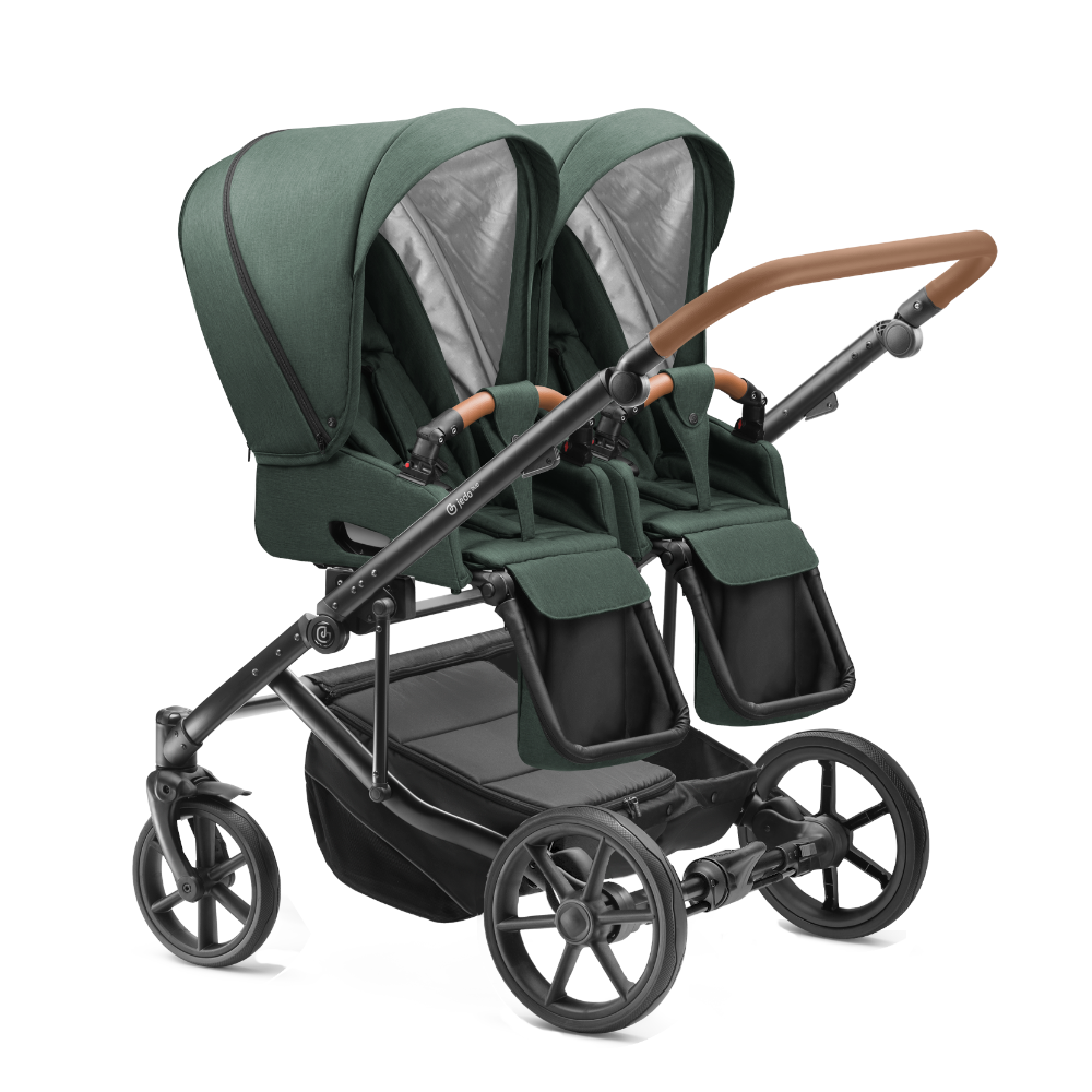 Carucior pentru gemeni Jedo Duo Modular Verde/Cognac reversibil cadru de aluminiu latime 80 cm carucior-gemeni