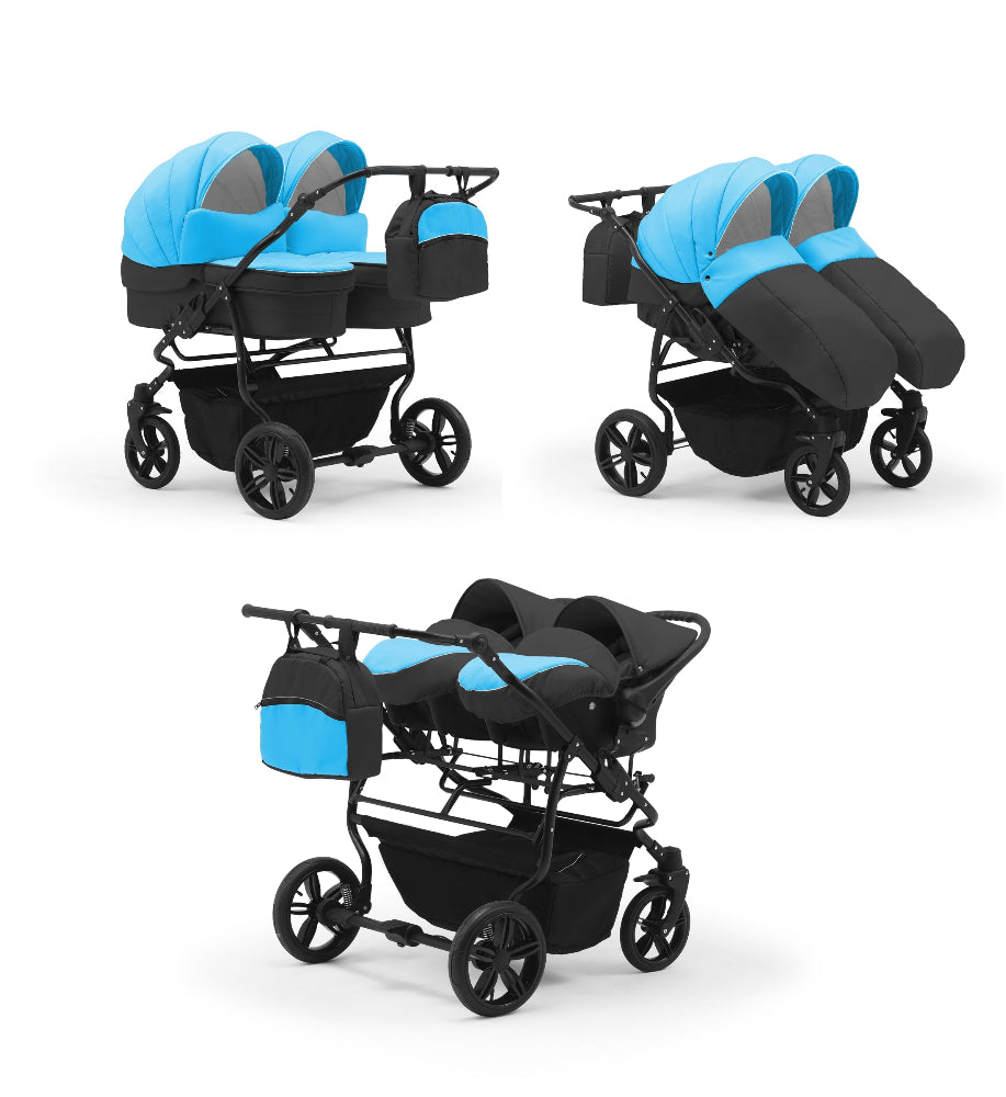 Carucior pentru gemeni Nativo Gemini 3 in 1 Albastru-Negru/Negru (24b), latime 87 cm, reversibil, roti cu aer