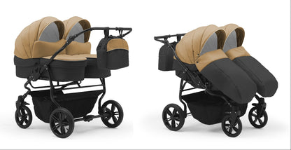 Carucior pentru gemeni Nativo Gemini 3 in 1 Bej-Grafit/Negru (12b), latime 87 cm, reversibil, roti gonflabile