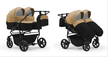 Carucior pentru gemeni Nativo Gemini 3 in 1 Bej-Negru/Negru (11b), latime 87 cm, reversibil, roti gonflabile
