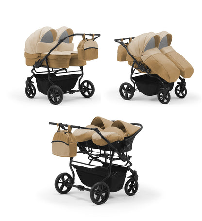 Carucior pentru gemeni Nativo Gemini 3 in 1 Bej/Negru (27b), latime 87 cm, reversibil, roti gonflabile (Copy)