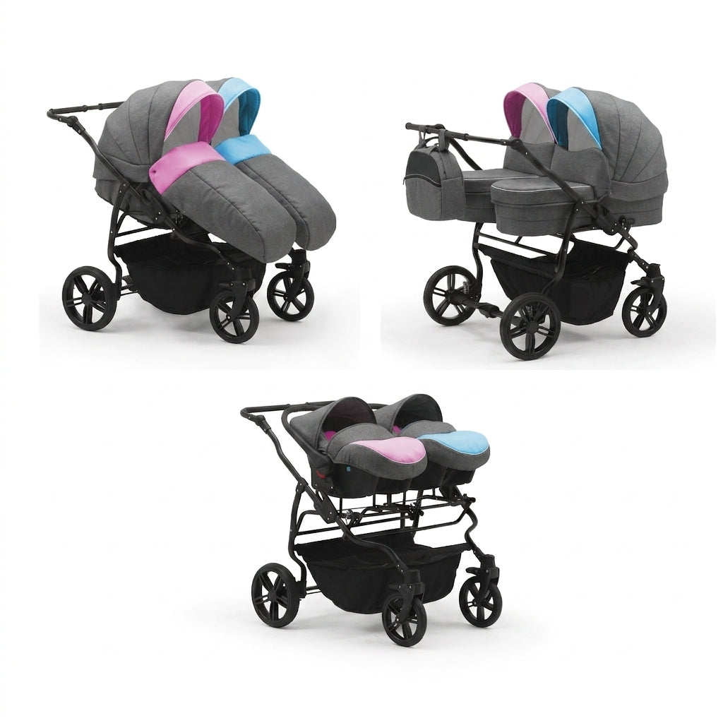 Carucior pentru gemeni Nativo Gemini 3 in 1 Boy+Girl/Gri (101b), latime 87 cm, reversibil, roti gonflabile