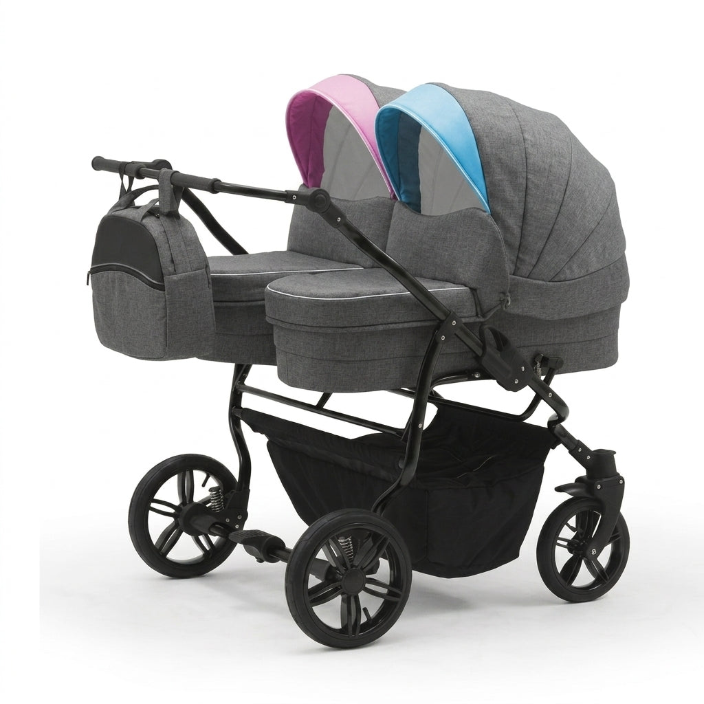 Carucior pentru gemeni Nativo Gemini 3 in 1 Boy+Girl/Gri (101b), latime 87 cm, reversibil, roti gonflabile