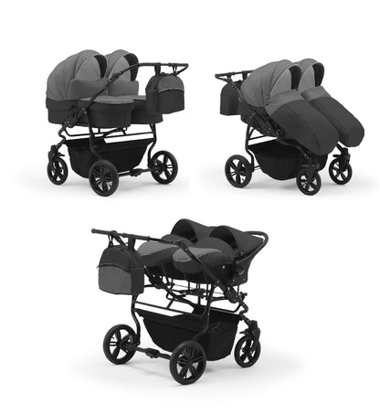 Carucior pentru gemeni Nativo Gemini 3 in 1 Grafit-Gri/Negru (21b), latime 87 cm, reversibil, roti gonflabile