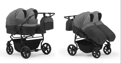 Carucior pentru gemeni Nativo Gemini 3 in 1 Grafit-Gri/Negru (21b), latime 87 cm, reversibil, roti gonflabile
