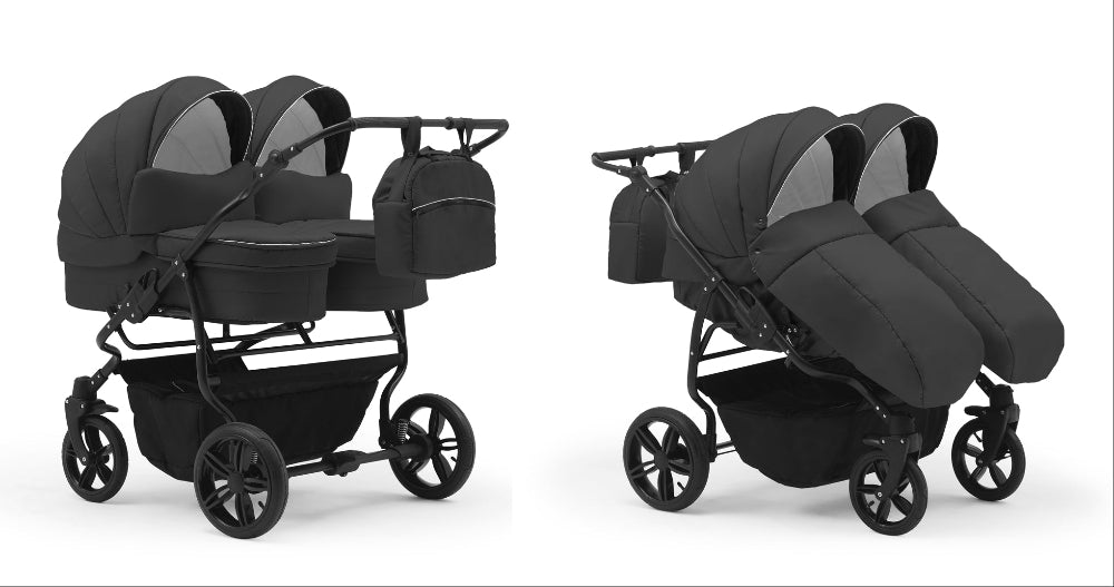 Carucior pentru gemeni Nativo Gemini 3 in 1 Grafit/Negru (13b), latime 87 cm, reversibil, roti gonflabile