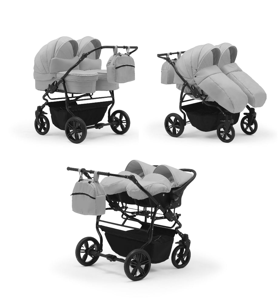 Carucior pentru gemeni Nativo Gemini 3 in 1 Gri Deschis/Negru (01), latime 87 cm, reversibil, roti gonflabile