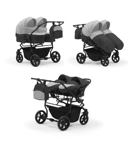 Carucior pentru gemeni Nativo Gemini 3 in 1 Gri deschis-Grafit/Negru (20b), latime 87 cm, reversibil, roti gonflabile