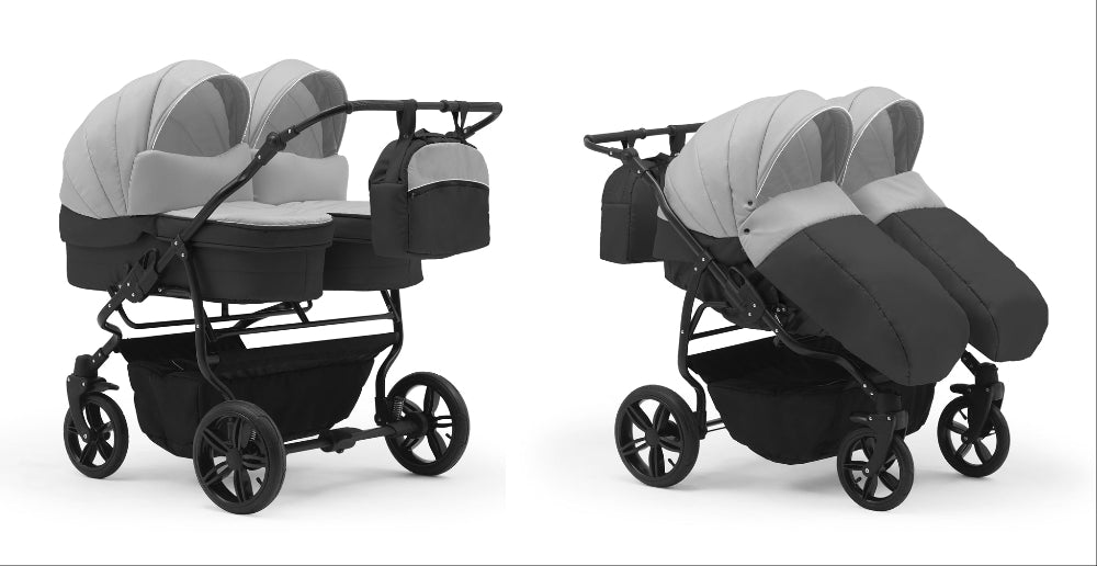 Carucior pentru gemeni Nativo Gemini 3 in 1 Gri deschis-Grafit/Negru (20b), latime 87 cm, reversibil, roti gonflabile