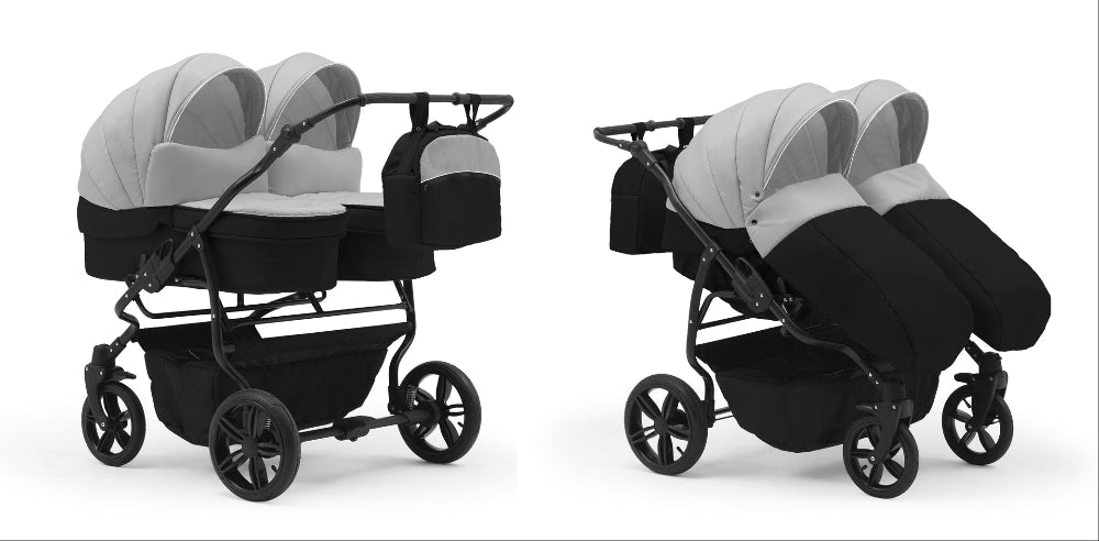 Carucior pentru gemeni Nativo Gemini 3 in 1 Gri deschis-Negru/Negru (08b), latime 87 cm, reversibil, roti gonflabile