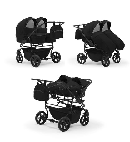 Carucior pentru gemeni Nativo Gemini 3 in 1 Negru-Alb/Negru (18b), latime 87 cm, reversibil, roti gonflabile