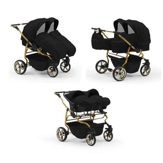 Carucior pentru gemeni Nativo Gemini 3 in 1 Negru/Gold (21), latime 87 cm, reversibil, roti gonflabile