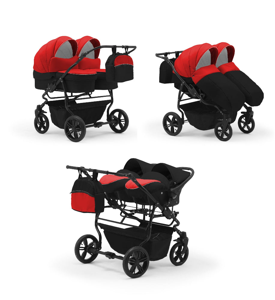 Carucior pentru gemeni Nativo Gemini 3 in 1 Rosu-Negru/Negru (03b), latime 87 cm, reversibil, roti gonflabile