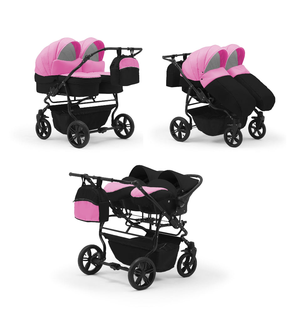Carucior pentru gemeni Nativo Gemini 3 in 1 Roz-Negru/Negru (09b), latime 87 cm, reversibil, roti gonflabile