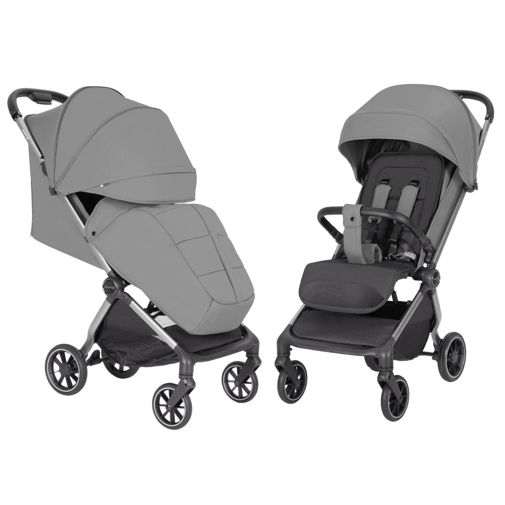 Carucior sport compact Carrello Atom M (CRL-5527) Alloy Grey, dimensiuni bagaj de mana in avion, roti de cauciuc, pliere automata, max. 22 kg, protectie SPF 50/UPF 50+