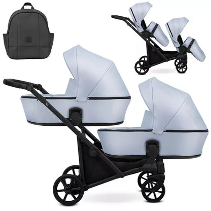 Carucior pentru gemeni Kunert Brav Duo 2 in 1, piele ecologica, Baby Blue/cadru Negru