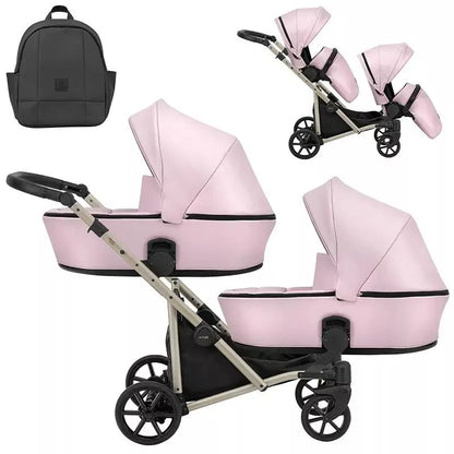 Carucior pentru gemeni Kunert Brav Duo 2 in 1, piele ecologica, Baby Pink/cadru Champagne