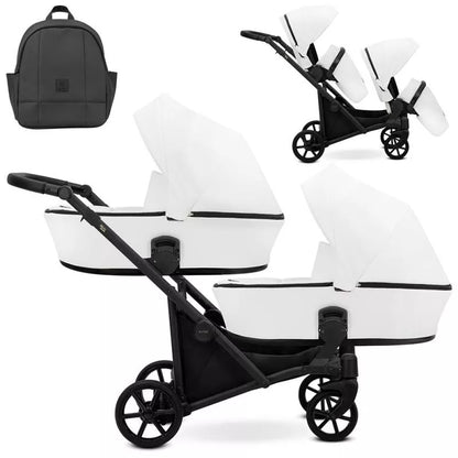 Carucior pentru gemeni Kunert Brav Duo 2 in 1, piele ecologica, Alb/cadru Negru
