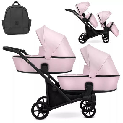 Carucior pentru gemeni Kunert Brav Duo 2 in 1, piele ecologica, Baby Pink/cadru Negru
