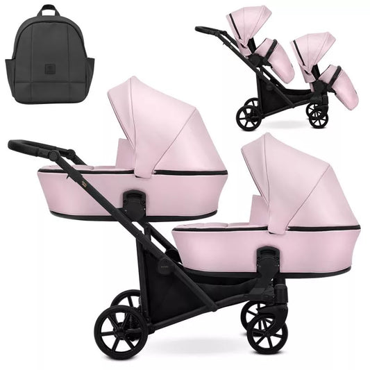 Carucior pentru gemeni Kunert Brav Duo 2 in 1, piele ecologica, Baby Pink/cadru Negru