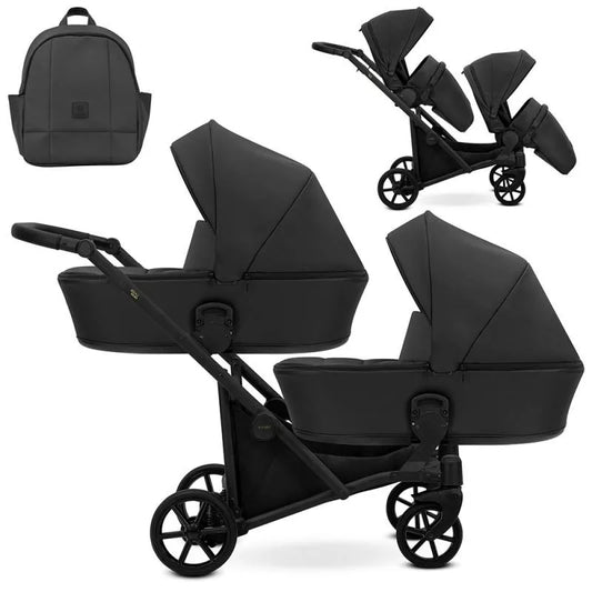 Carucior pentru gemeni Kunert Brav Duo 2 in 1, piele ecologica, Negru/cadru Negru