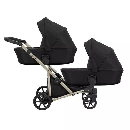Carucior pentru gemeni Kunert Brav Duo 2 in 1, piele ecologica, Negru/cadru Champagne