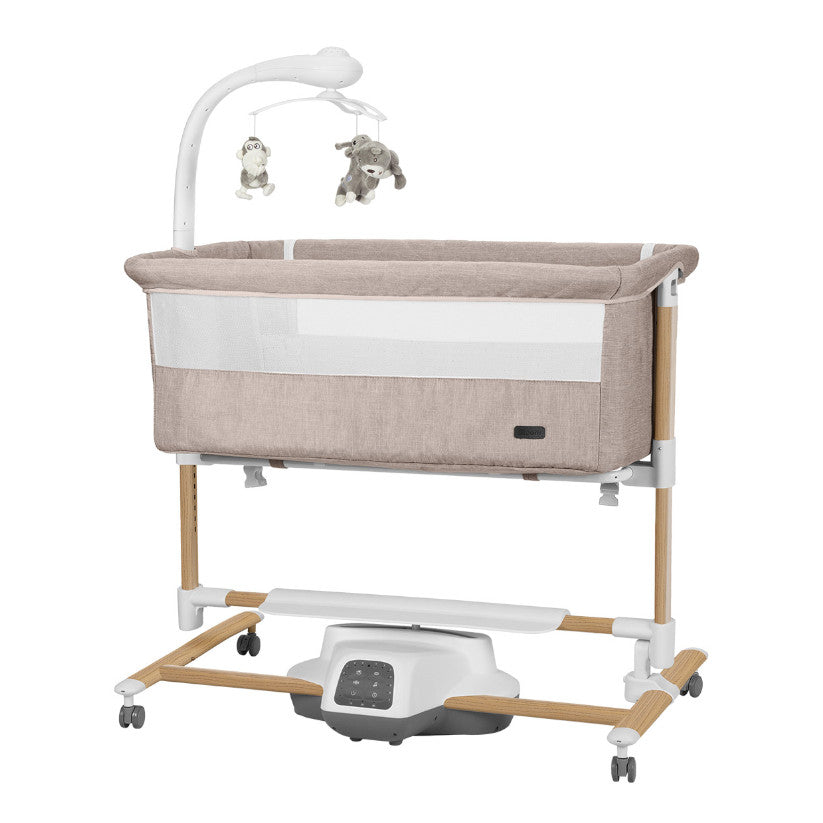 Patut leagan electric Carrello Bloom Cream Beige Wooden, max. 9 kg, 85x50 cm, cu senzor de miscare, telecomanda, 7 moduri de leganare, 5 viteze, timer, carusel electric cu proiector