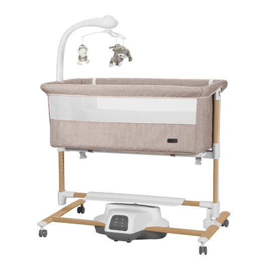 Patut leagan electric Carrello Bloom Cream Beige Wooden, max. 9 kg, 85x50 cm, cu senzor de miscare, telecomanda, 7 moduri de leganare, 5 viteze, timer, carusel electric cu proiector