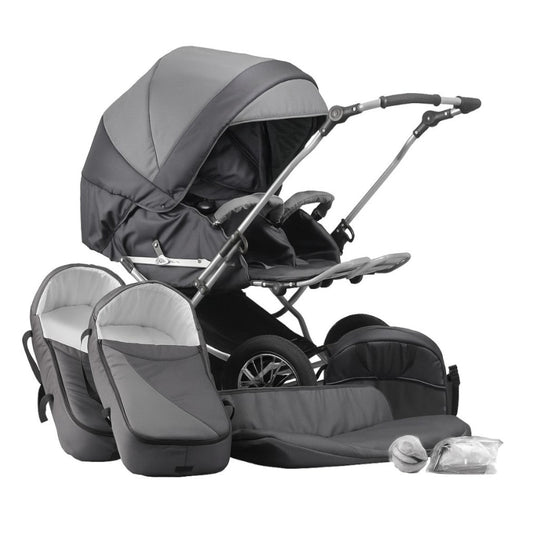 Carucior pentru gemeni clasic Nativo Classico Duo Grafit/Gri model clasic scaune reversibile roti gonflabile mari